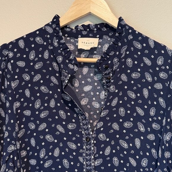 SEZANE Capri Floral Long Sleeve Wrap Mini Dress in Bandana Blue sz US 8 / FR 40 - Picture 9 of 16